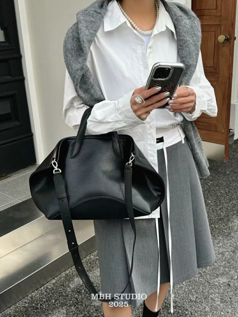 MBH New Folded Soft Leather Tote Bag Large Capacity Commuter Shoulder Handbag with Strap