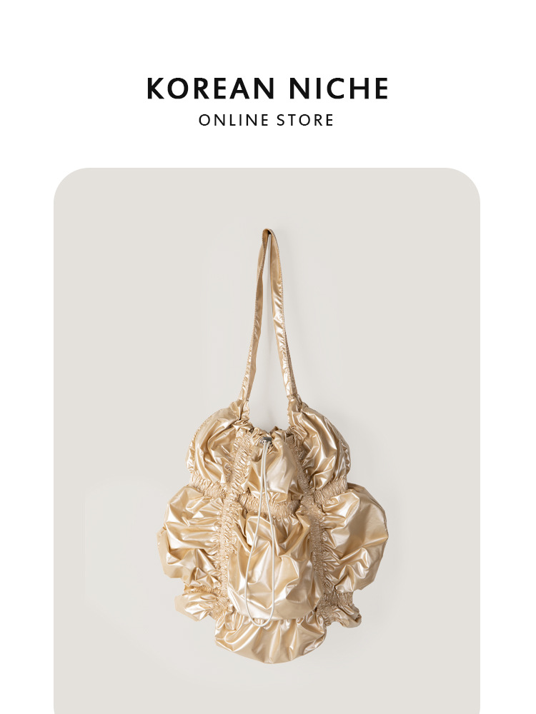 Korean Style Ruched One-Shoulder Cloud Bag Early Autumn Flower Drawstring Tote