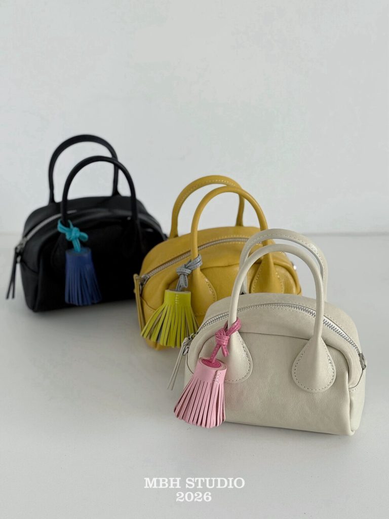 MBH Small Design Vegetable Tanned Leather Boston Bowling Bag Korean Style Versatile Shoulder Crossbody Handbag with Strap