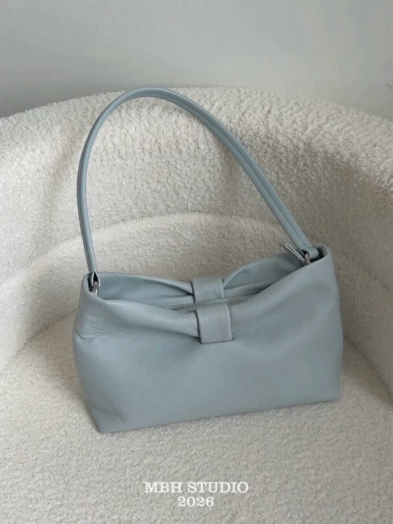 MBH Bow Pleated Baguette Top Layer Cowhide Spring Summer Underarm Shoulder Bag