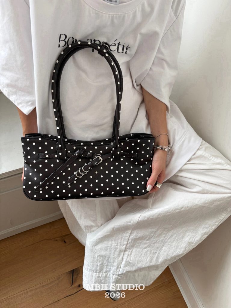 MBH Black and White Polka Dot Genuine Leather Baguette Bag 2026 Summer Niche Korean Shoulder Bag